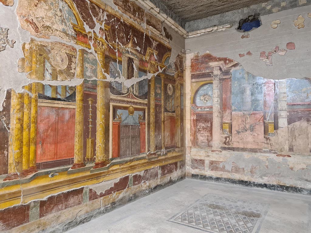 Villa of Poppaea, Oplontis, October 2023. 
Room 14, looking towards north-west corner across mosaic floor. Photo courtesy of Klaus Heese. 
