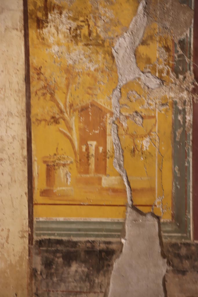 Oplontis Villa of Poppea, October 2022.  
Room 14, detail from panel on north side of doorway in east wall. Photo courtesy of Klaus Heese.  
