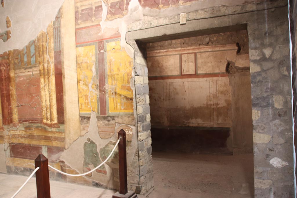 Oplontis Villa of Poppea, October 2022.  
Room 14, east wall at south end, with doorway to room 10b.  Photo courtesy of Klaus Heese.  

