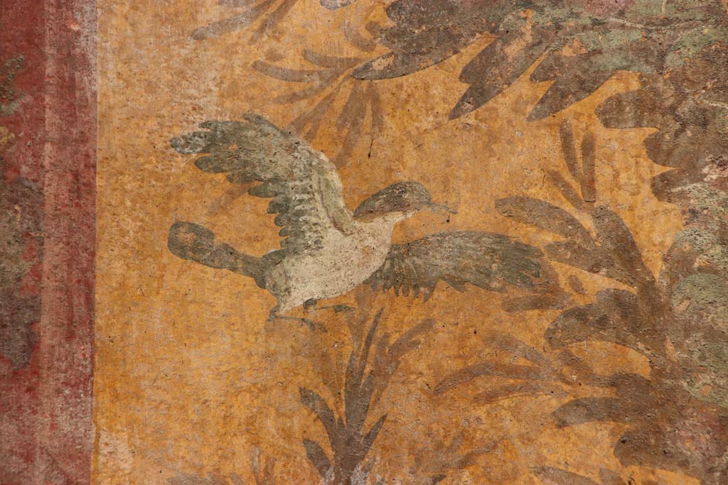 Oplontis Villa of Poppea, September 2021. Room 70, detail of bird on north wall in north-west corner. Photo courtesy of Klaus Heese.