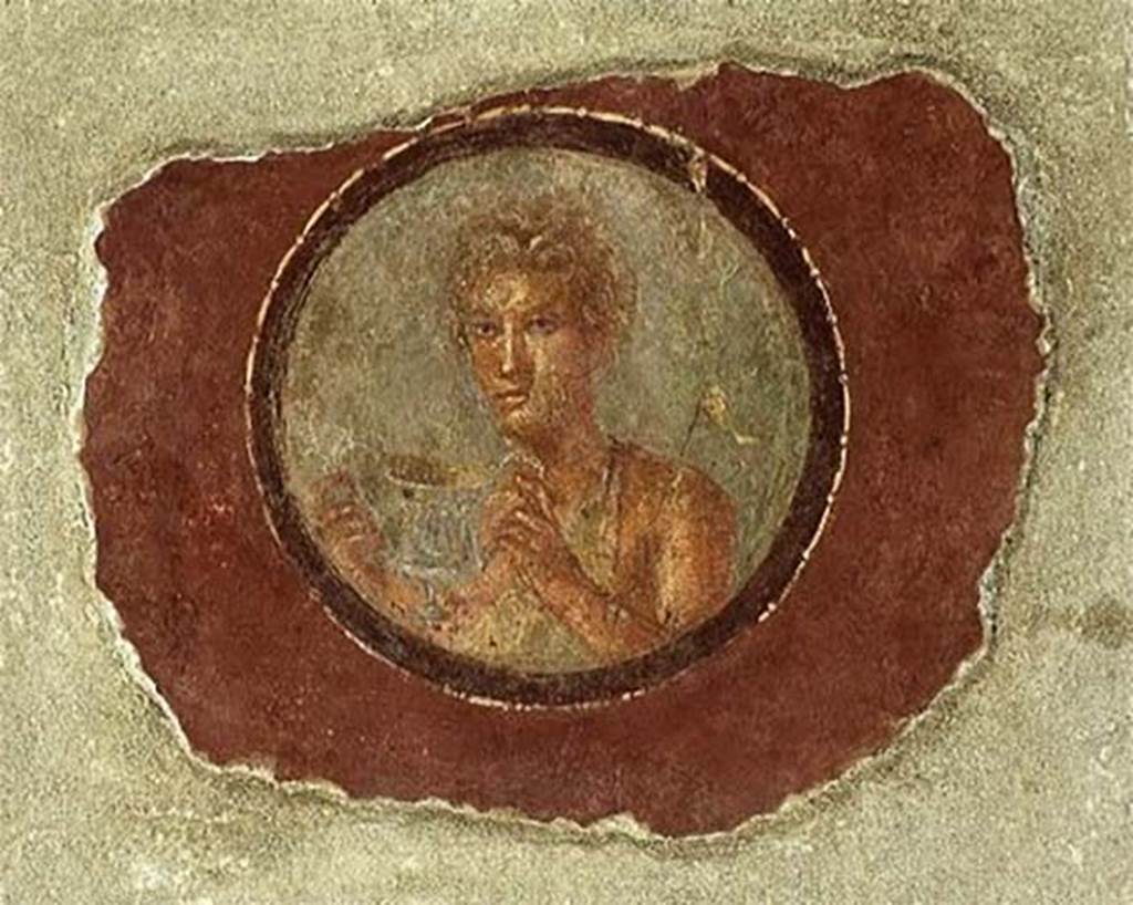 Stabiae, Villa Arianna, September 2015. Room 7, painted medallion of a young man from west end of south wall.
This original medallion of a young man was stolen in 1975 but recently recovered. 
See Camardo D., Ferrara A., Longobardi L., 1989. Stabiae: Le Ville. Castellamare di Stabia, no. 20, p. 31-2.
Stabia Antiquarium, inventory number 86726.
