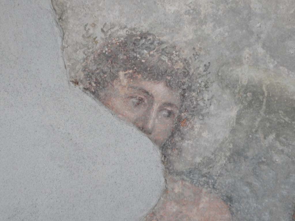 Stabiae, Villa Arianna, June 2019. Room 3, detail from painting on south wall, with enlargement of the face of Dionysus. 
Photo courtesy of Buzz Ferebee.
