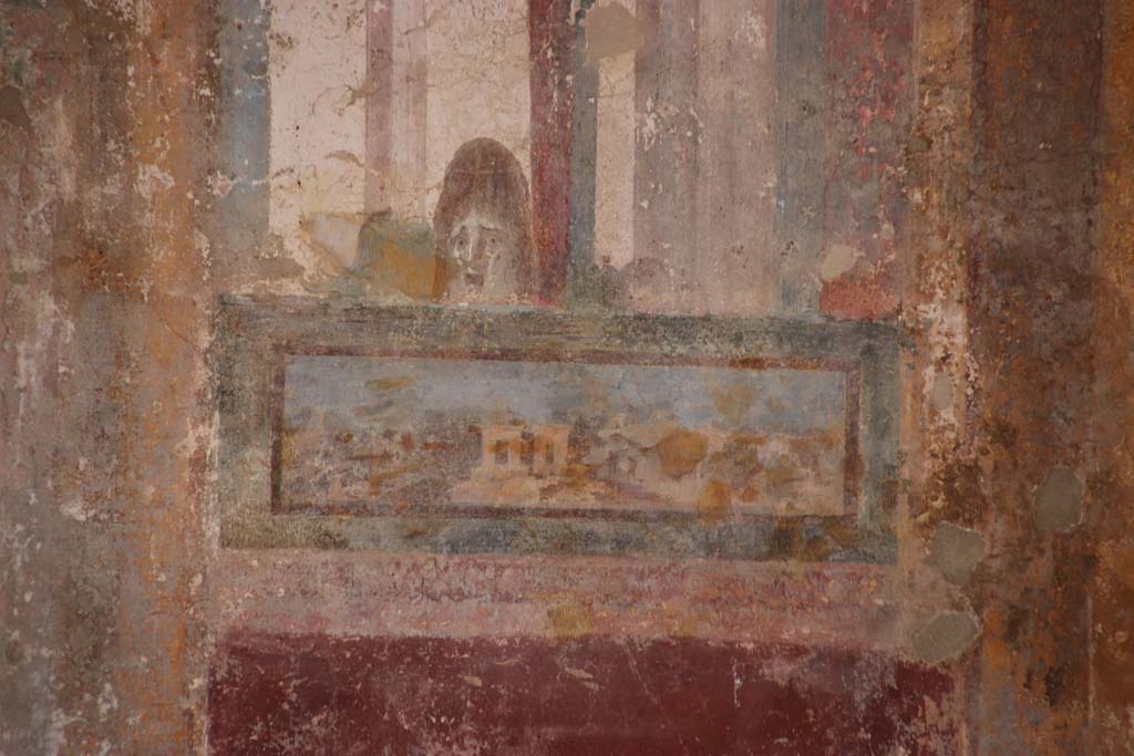 Stabiae, Villa Arianna, October 2020.  
Room 3, painted panel from below mask painting on west end of south wall. Photo courtesy of Klaus Heese.
