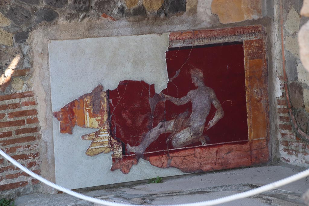 Stabiae, Villa Arianna, October 2022. 
Room 17, detail of painted zoccolo on east wall in south-east corner. Photo courtesy of Klaus Heese.
This painting is described as a “Crouching male with serpent”, height 95cm x 1.13m width (37” x 45 inches).
A nude male figure, in a most precarious position, is shown half-kneeling as if recoiling from the advance of a serpent. 
On his right outstretched leg, a live serpent tightens its grip around the man’s bare flesh. With a staff in his left arm, it is supposed that he is charming or controlling the serpent. This depiction of man versus beast would have been seen with strong sexual undertones in the villas at Stabiae. An identical fresco was found on the west wall in the south-west corner of the same room.


