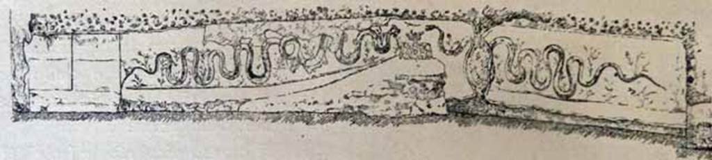 Pompeii Street Altar at I.8.1. Drawing of street altar.
Maiuri recorded a large masonry compital altar, the biggest yet found, with a long ramp. 
At the summit of the ramp was a rectangular altar with roughly painted marble decoration.
At the sides of the altar were two long serpents winding amongst plants towards the offerings on the altar.
The low podium to the left had two painted panels on the upper margins of which the characters of a painted inscription were discernible.
Very little was conserved.
See Maiuri, A., 1928. Nuovi Scavi nella Via dell’Abbondanza. Milano: Hoepli, (p. 6, fig. 2).