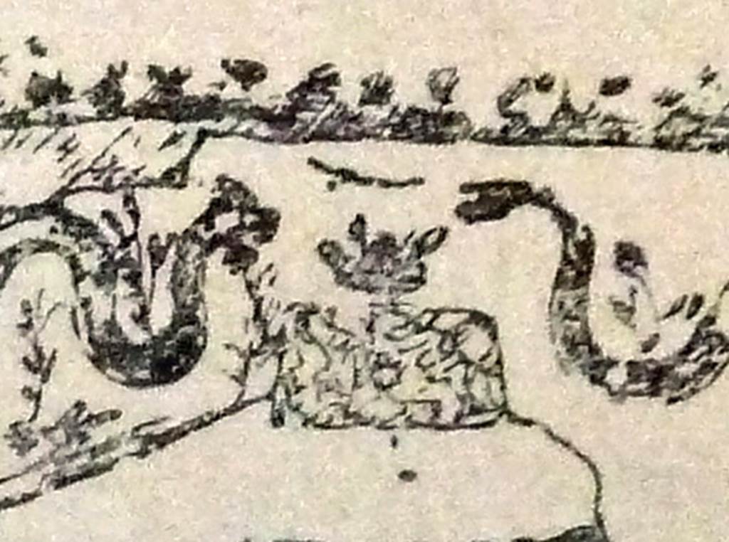 Pompeii Street Altar at I.8.1. Detail from drawing of rectangular altar with roughly painted marble pattern. 
The two serpents’ heads can be seen over the offering on the altar.