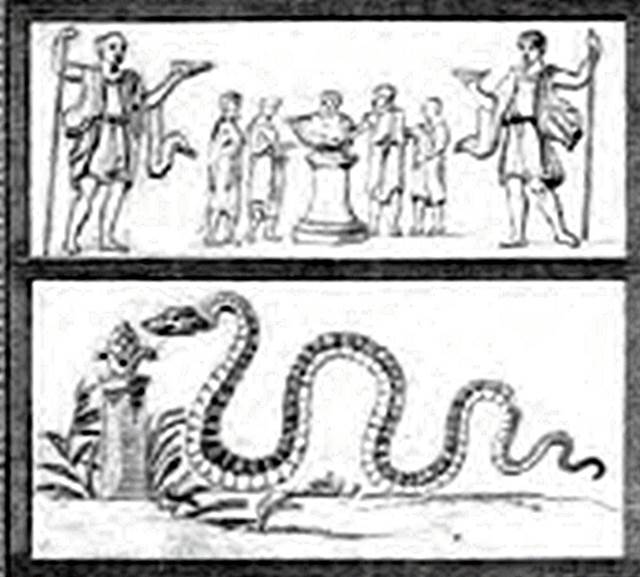 IV.4.g Pompeii. Drawing of the painting found above a street altar between IV.4.f and IV.4.g. In the middle was a round altar with five small figures in long white tunics. In the centre behind the altar was a Tibicen. On either side were pairs of Vicomagistri with right arms outstretched to the altar.  Two large Lares flank the scene. In the lower zone was a serpent approaching from the left to an altar with eggs and fruit on it.
See Fröhlich, T., 1991. Lararien und Fassadenbilder in den Vesuvstädten. Mainz: von Zabern. (p.315, F24)