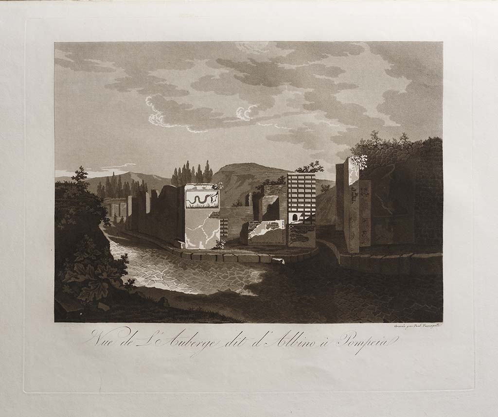 Pompeii Street Shrine at VI.4.1. 1822-4 painting by Paolo Fumagalli showing façade, street shrine and snake painting. 
The snake painting is reversed from that of Mazois and Gell. 
The painting has the title “Vue de l'Auberge dit d'Albino à Pompeia”.
The narrative in his book though describes clearly the hospitium of Albinus at VI.17.1.
See Fumagalli P. Pompeia, trattato pittorico, storico, e geometrico, opera disegnata negli anni 1824 al 1830, Firenze, Fumagalli, p. 37 and unnumbered picture.
Photo courtesy Thorvaldsensmuseum Copenhagen. Inventory number E550,50. See photo on museum web site  CC0 - dedicated to Public Domain