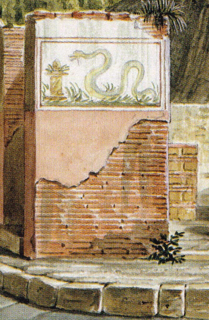 Left hand wall of VI.4.1, site of street shrine. 
Detail from 1824 drawing by Mazois of the serpent painting, which is no longer visible.
The serpent is approaching an altar on which is an offering of fruit.