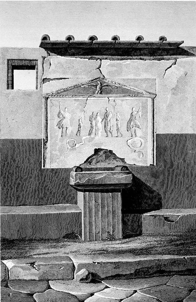 VII.7.21/22 Pompeii. Street Altar as painted by Mazois. According to Mau two pilasters supported an aedicula in which an eagle was seen. 
This indicated that the shrine was dedicated to Jupiter.  Above the altar was a stucco relief representing a sacrifice. Fiorelli described it as Ara Iovis with a Genius sacrificing, with two Lares and underneath a table and serpents.
See Mau, A., 1907, translated by Kelsey F. W. Pompeii: Its Life and Art. New York: Macmillan. (p. 235).
See Pappalardo, U., 2001. La Descrizione di Pompei per Giuseppe Fiorelli (1875). Napoli: Massa Editore. (p.100)