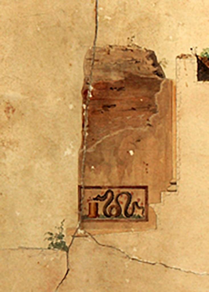 VII.8.1 Pompeii. Detail from painting by Pasquale Maria Veneri of pier of arch showing only known representation of the lararium painting.
The architrave of the temple is shown in outline at the bottom right. 
Now in Naples Archaeological Museum. Inventory number ADS1210.
