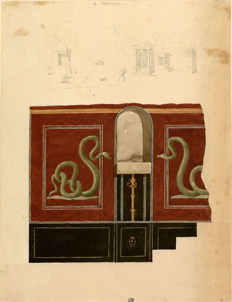 VII.9.42 Pompeii. Between 1823 and 1828, painting by F Duban of west wall with arched niche and serpents.
The pencil drawings above it, may or may not be from the Macellum, VII.9.7/8.
See Duban F. Album de dessins d'architecture effectués par Félix Duban pendant son pensionnat à la Villa Medicis, entre 1823 et 1828 : Tome 2, Pompéi, pl. 41.
INHA Identifiant numérique NUM PC 40425 (2)
https://bibliotheque-numerique.inha.fr/idurl/1/7157  « Licence Ouverte / Open Licence » Etalab