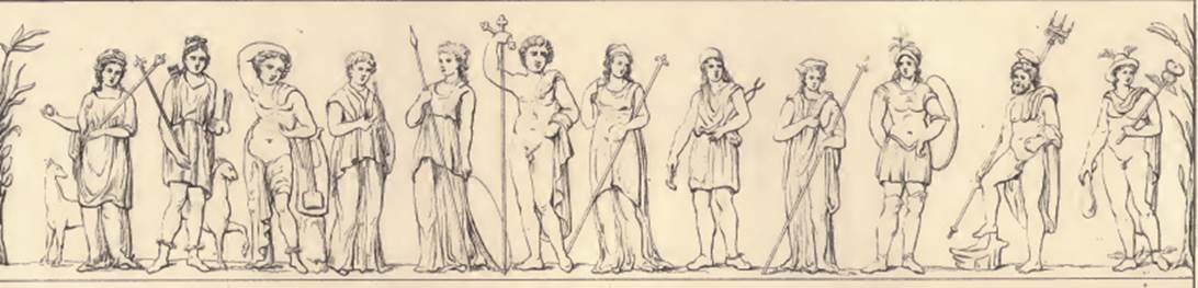 Painted street shrine to twelve gods on corner of insula at VIII.3.11. Pre-1840 drawing of the Twelve Gods. Discovered in 1818. 
Roux describes this painting as executed in a correct but curious way in that it shows the twelve main gods with their attributes.
From the left Roux names them as Venus, Diana, Apollo, Vesta, Minerva, Jupiter, Juno, Vulcan, Cérès, Mars, Neptune and Mercury.
Beneath this painting were painted two serpents.
See Roux, H., 1840. Herculanem et Pompei recueil general des Peintures, Bronzes, Mosaiques : Tome 5. Paris: Didot. (planche 11).