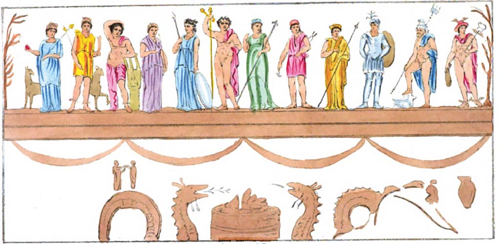 Painted street shrine to twelve gods on corner of insula at VIII.3.11. 1852 painting of twelve gods from Pompeiana by Gell and Gandy.
Gell names them from the left as Juno, Diana, Apollo, Vesta, Minerva, Jupiter, Venus, Vulcan, Cérès, Mars, Neptune and Mercury.
He states, “Juno has the pomegranate and the blue robe” and “The hair of Venus is different from the rest and her greenish robe more transparent”.
The naming of these two goddesses is the opposite of that put forward by Roux.
Gell identifies the two small figures underneath as “the genii loci”
See Gell, W. and Gandy, J., 1852. Pompeiana: Third Edition. London: Bohn. (p. 198-9, T:77)
Helbig refers to this as very misrepresented and better by A d J 1850.
See Helbig, W., 1868. Wandgemälde der vom Vesuv verschütteten Städte Campaniens. Leipzig: Breitkopf und Härtel. (7)