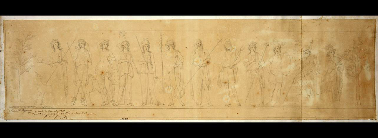 Painted street shrine to twelve gods on corner of insula at VIII.3.11. 1858 drawing of gods by N. La Volpe.
Now in Naples Archaeological Museum. Inventory number ADS 819.
La scheda ICCD descriva:
Il disegno raffigura la teoria dei dodici dei, delimitata da due alberelli; partendo da sinistra si hanno 
Vesta, dietro cui si scorge un asinello. 
Diana, abbigliata da cacciatrice, con arco, asta e faretra, nei cui pressi è una cerva. 
Apollo a torso nudo, appoggiato alla cetra. 
Cerere coronata di spighe, con la lunga fiaccola. 
Minerva elmata, con scudo e lancia. 
Giove, giovane, nudo, appoggiato al lungo scettro. 
Un personaggio barbato che dovrebbe invece essere Giunone con lo scettro. 
Vulcano sbarbato, pileo sul capo, martello nella destra e tenaglie nella sinistra. 
Venere Pompeiana con lunga fiaccola e corona turrita. 
Marte senza barba, con elmo e scudo. 
Nettuno, barbato, coronato, con copricapo e tridente nella destra. 
Mercurio con calzari alati, petaso, caduceo e marsupio.
Photo © ICCD. https://www.catalogo.beniculturali.it
Utilizzabili alle condizioni della licenza Attribuzione - Non commerciale - Condividi allo stesso modo 2.5 Italia (CC BY-NC-SA 2.5 IT)