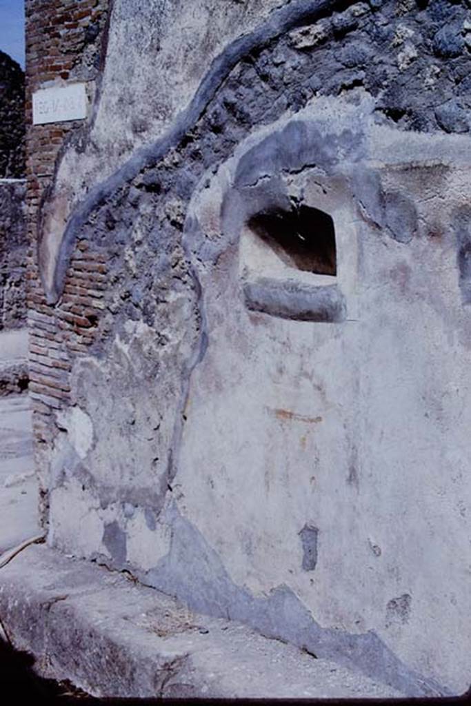 Street shrine at IX.2.12, Pompeii. 1966. Looking north-west to remains of painted altar.
Photo by Stanley A. Jashemski.
Source: The Wilhelmina and Stanley A. Jashemski archive in the University of Maryland Library, Special Collections (See collection page) and made available under the Creative Commons Attribution-Non Commercial License v.4. See Licence and use details.
J66f0467