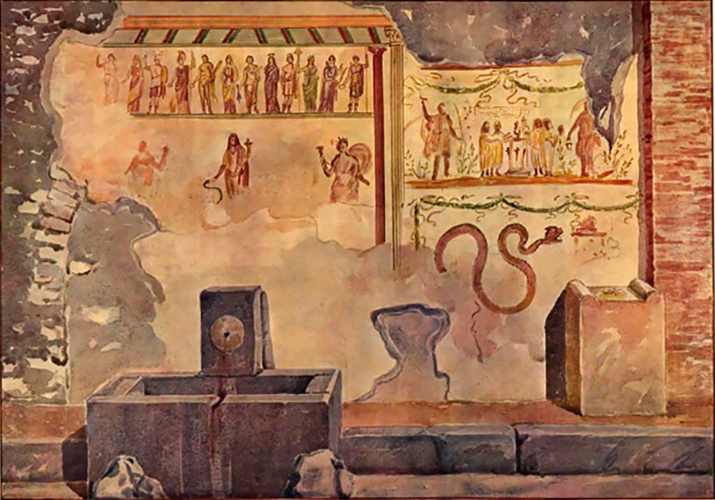 Pompeii street shrine (compitum) to 12 gods outside IX.11.1. Pre. 1942. Painting of shrine by Spinazzola.
See Spinazzola, V., 1953. Pompei alla luce degli Scavi Nuovi di Via dell’Abbondanza (anni 1910-1923). Roma: La Libreria della Stato, Tav. XVIII.