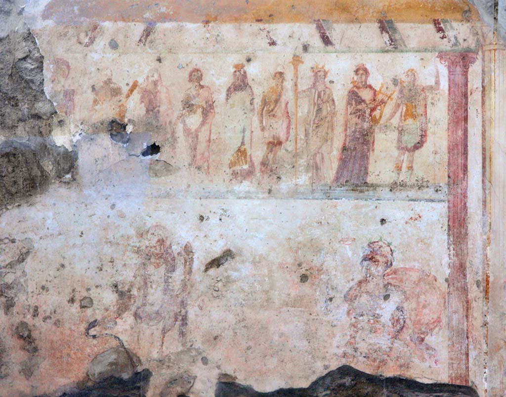 Street shrine outside IX.11.1 Pompeii. November 2012. 
Fresco of street shrine, in honour of the 12 gods. Photo courtesy of Davide Peluso.