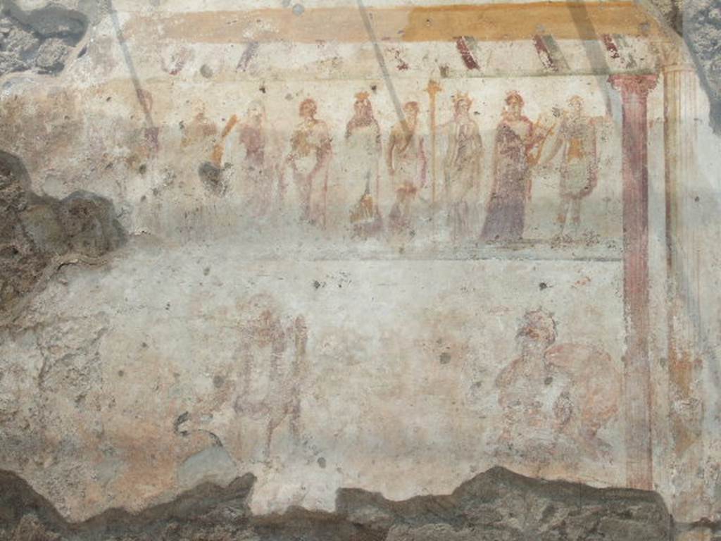 Public street shrine (compitum) to 12 gods outside IX.11.1 Pompeii.  May 2006.
From left to right they are Jupiter, Juno, Mars, Minerva, Hercules, Venus, Mercury, Proserpina (possibly), Vulcanus, Ceres, Apollo, Diana. See Fröhlich, T., 1991, Lararien und Fassadenbilder in den Vesuvstädten.  Mainz: von Zabern.  (F66: p.335-7).