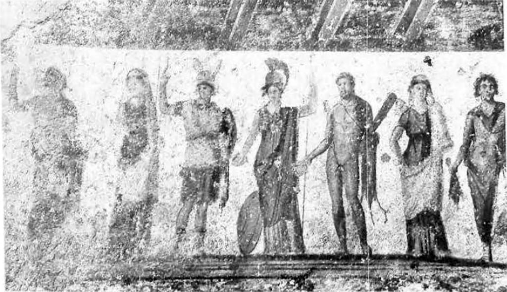 Public street shrine (compitum) to 12 gods outside IX.11.1 Pompeii. Gods at the left-hand end.
See Fröhlich, T., 1991, Lararien und Fassadenbilder in den Vesuvstädten. Mainz: von Zabern. (F66: Tav. 60,1).