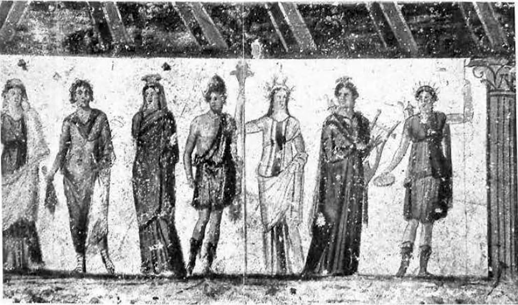 Public street shrine (compitum) to 12 gods outside IX.11.1 Pompeii. Gods at the right-hand end.
See Fröhlich, T., 1991, Lararien und Fassadenbilder in den Vesuvstädten. Mainz: von Zabern. (F66: Tav. 60,2).
See Spinazzola V., 1953. Pompei alla luce degli Scavi Nuovi di Via dell’Abbondanza (anni 1910-1923) Vol. 1. Roma: La Libreria della Stato, p. 175ff, Tav d'aggiunta 1.