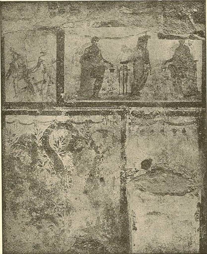 Street Altar outside IX.12.7. Old undated postcard. Fröhlich lists four paintings and describes the painting on the altar. Top left: Two gladiators in combat. Top right: Two Lares and a Genius. Bottom left: Two large serpents (snakes) flanking a round altar. Bottom right: Two garlands with five persons in white garments. The altar is decorated with sausages and pigs heads. See Fröhlich, T., 1991. Lararien und Fassadenbilder in den Vesuvstädten. Mainz: von Zabern. (p. 339, F71, T: 58,2).