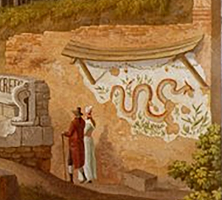 Pompeii street shrine on the corner of Via Pomeriale. 1793. 
Detail of street shrine from painting by Jakob Philipp Hackert.