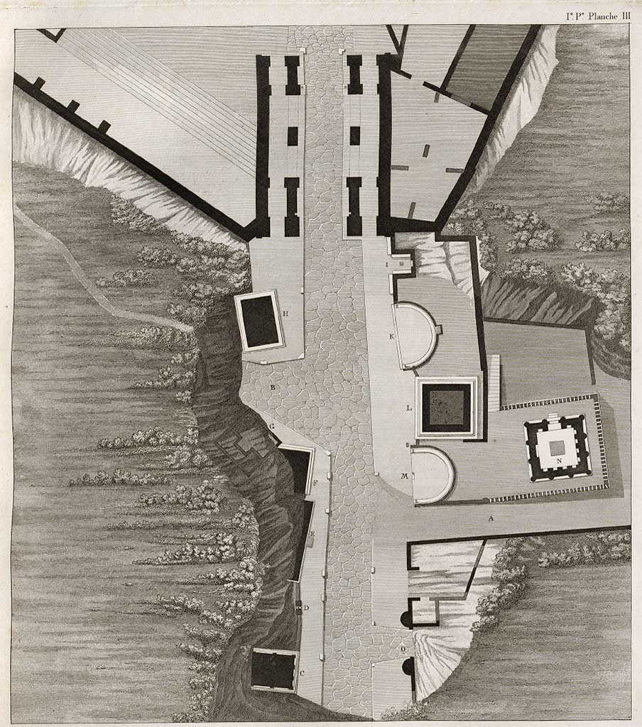 Pompeii street shrine on the corner of Via Pomeriale. Plan of location outside Herculaneum Gate published by Mazois in 1824.
According to Mazois "this painting was placed at the corner of a crossroads formed by the consular way and the street A.
See Mazois, F., 1824. Les Ruines de Pompei : Premiere Partie. Paris : Didot Frères, (p. 59 and Tav. III).