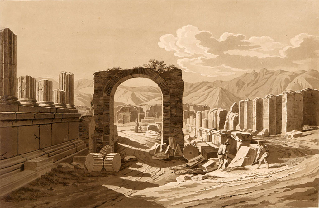 Arch of Augustus. Pre-1824 painting by Jakob Wilhelm Huber, “Entrée du Forum par la Rue des Tombeaux”.
See Huber, J. W., 1824. Vues pittoresques des ruines les plus remarquables de l’ancienne ville de Pompei, pl. VIII.