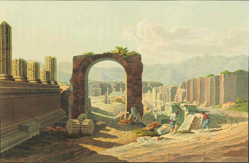Arch of Augustus. Pre-1824 aquatint by Jakob Wilhelm Huber, “Entrée du Forum par la Rue des Tombeaux”.
See Huber, J. W., 1824. Vues pittoresques des ruines les plus remarquables de l’ancienne ville de Pompei, pl. VIII.