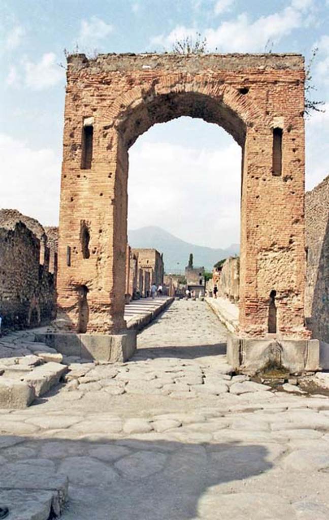 Arch of Caligula. October 2001. South side, looking north along Via Mercurio towards Tower XI.  Photo courtesy of Peter Woods.