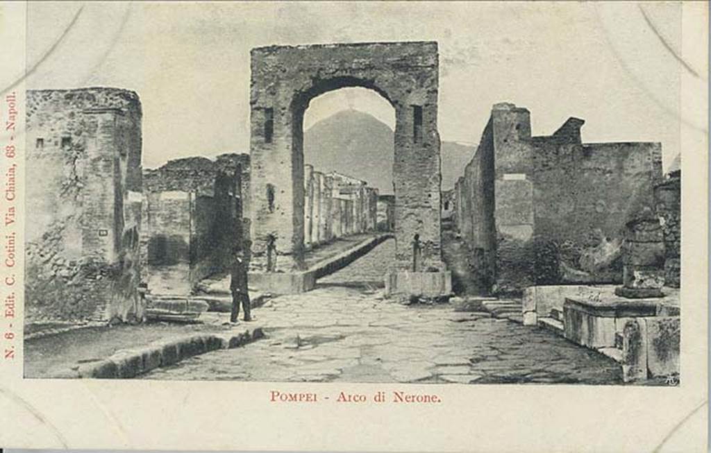 Arch of Caligula. Late 19th century postcard. Looking north towards arch from Via del Foro.
The postcard names the arch as the Arch of Nero. Photo courtesy of Rick Bauer.