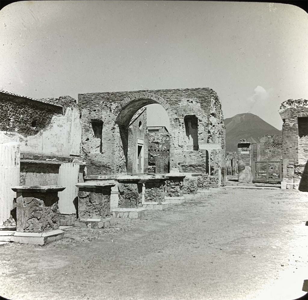 Arch at north-east end of the Forum. Late 19th / early 20th Century? Magic lantern slide. 
Through the centre of the arch can be seen the buildings before the modern restaurant was built.