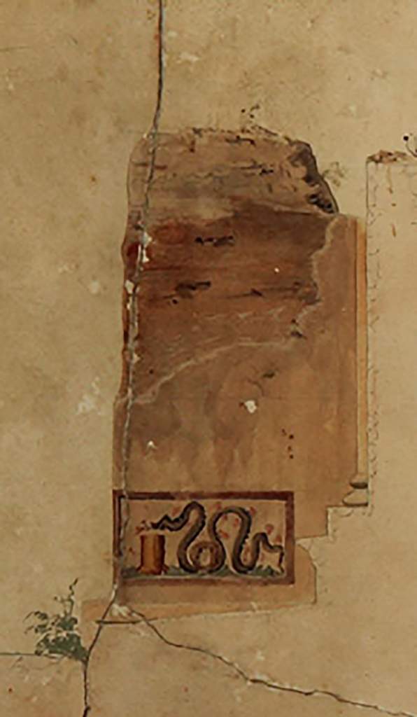 Arched entrance in north-west corner of Pompeii Forum. Painting c.1843 by Pasquale Maria Veneri
Detail from painting by Pasquale Maria Veneri of inner east pier of arch showing only known representation of the lararium painting.
The architrave of the west wide of the Temple of Jupiter is shown in outline at the bottom right. 
Now in Naples Archaeological Museum. Inventory number ADS1210.