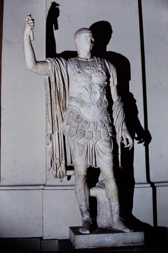 Arch of Marcus Holconius Rufus. 1968. Marble statue of Marcus Holconius Rufus.
Now in Naples Archaeological Museum.  Inventory number 6233.
Photo by Stanley A. Jashemski.
Source: The Wilhelmina and Stanley A. Jashemski archive in the University of Maryland Library, Special Collections (See collection page) and made available under the Creative Commons Attribution-Non Commercial License v.4. See Licence and use details.
J68f1412