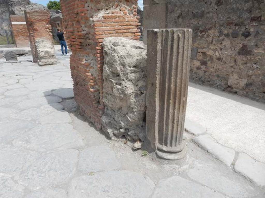 Arch of Marcus Holconius Rufus. May 2017. South-west pillar with remains of a statue base and a column.  One of the four pillars supporting the arch. Photo courtesy of Buzz Ferebee.