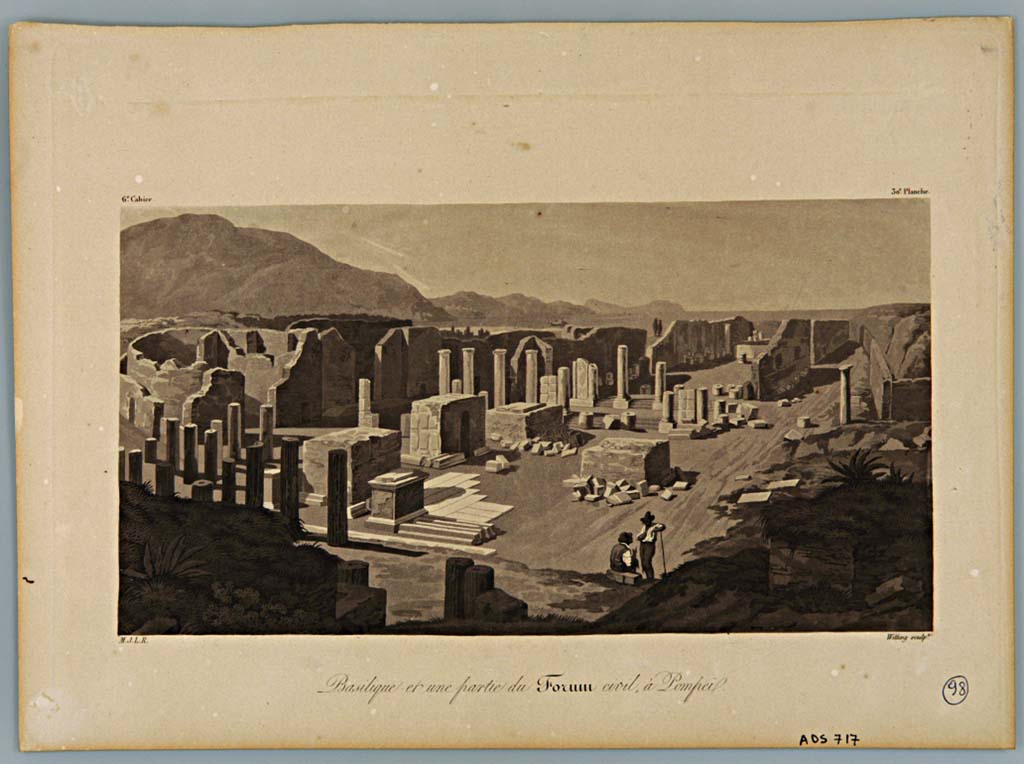 Arched monument at south end of Forum. 1827. Aquatint by Gustaf Witting (1788-1830).
The view shows the forum of Pompeii, with part of the pavement in Travertine, the foundations of statues, the civil buildings and at the top the basilica.
Now in Naples Archaeological Museum. Inventory number ADS 717.
See Le Riche J. M., 1827. Vues des monumens antiques de Naples. Cahier 6 Pl. 30.
Photo © ICCD. https://www.catalogo.beniculturali.it
Utilizzabili alle condizioni della licenza Attribuzione - Non commerciale - Condividi allo stesso modo 2.5 Italia (CC BY-NC-SA 2.5 IT)