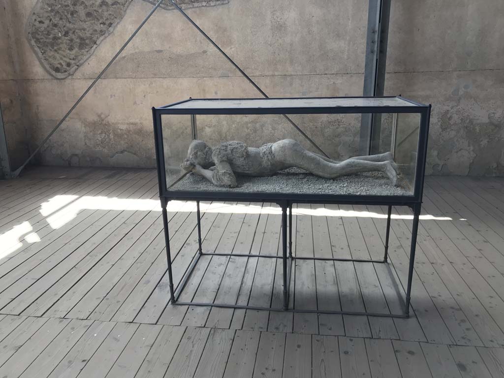 Victim 10 in VII.1.8 Pompeii. April 2019. Looking towards west wall of destrictarium E at west end of south portico B. 
The plaster-cast of the young female found at the north-east corner of VI.14 is displayed here. Photo courtesy of Rick Bauer.
Note the difference in the hands with the previous Sommer photo.
