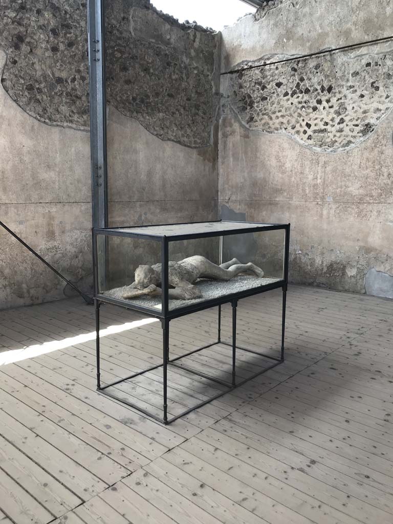 Victim 10 in VII.1.8 Pompeii. April 2019. Looking towards north-west corner of destrictarium E at west end of south portico B. 
Photo courtesy of Rick Bauer.