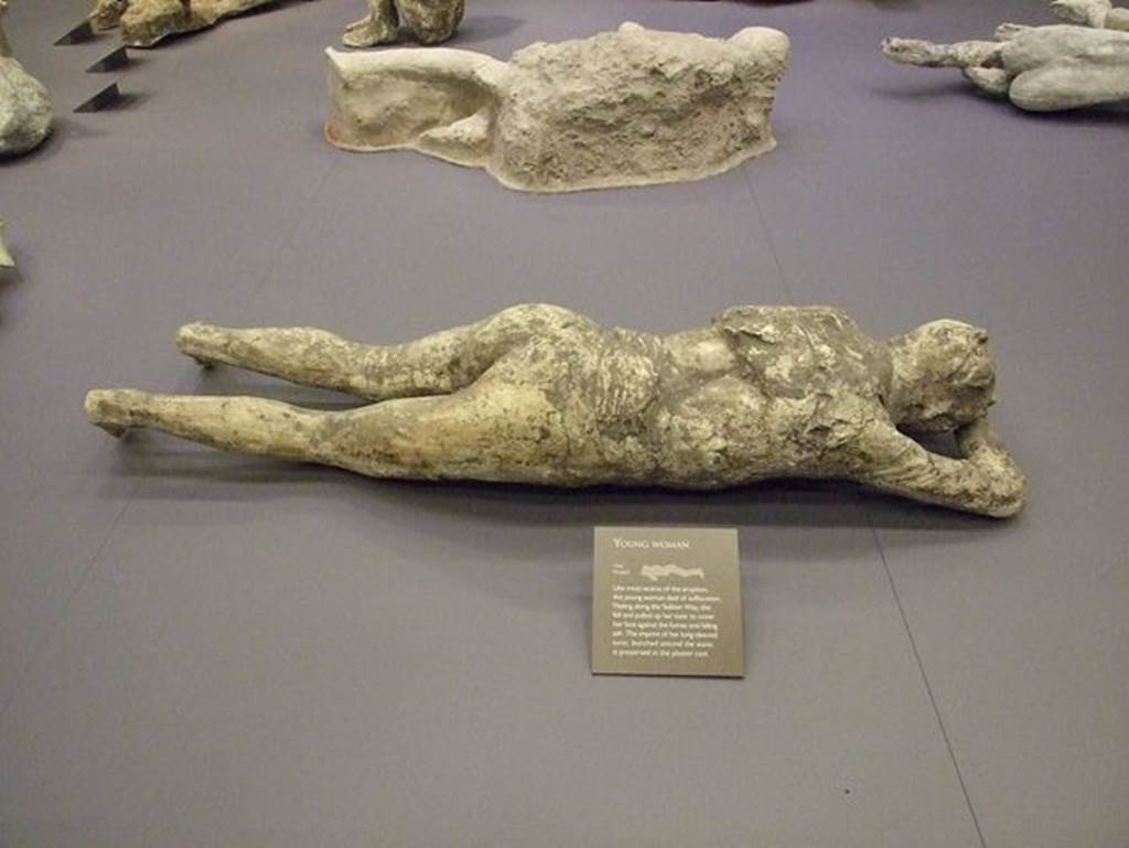 Victim number 10, rear view of young girl from Via Stabiana.
Photographed at “A Day in Pompeii” exhibition at Melbourne Museum.  September 2009.