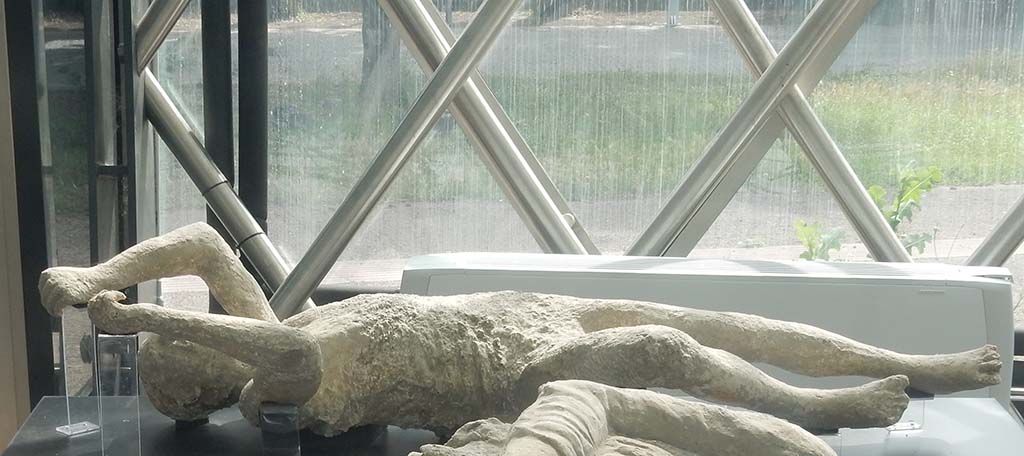 Pompeii. May 2018. Plaster cast of victim 14. Photo courtesy of Buzz Ferebee. 
According to Garcia y Garcia, she was known as victim 14.
This victim was recovered from near the Porta Stabia on 11th October 1889.
She had fallen face down but was always displayed as if she was found lying on her back.
See Garcia y Garcia, L., 2006. Danni di guerra a Pompei. Rome: L’Erma di Bretschneider. (p. 193-4, Figg. 451-3).