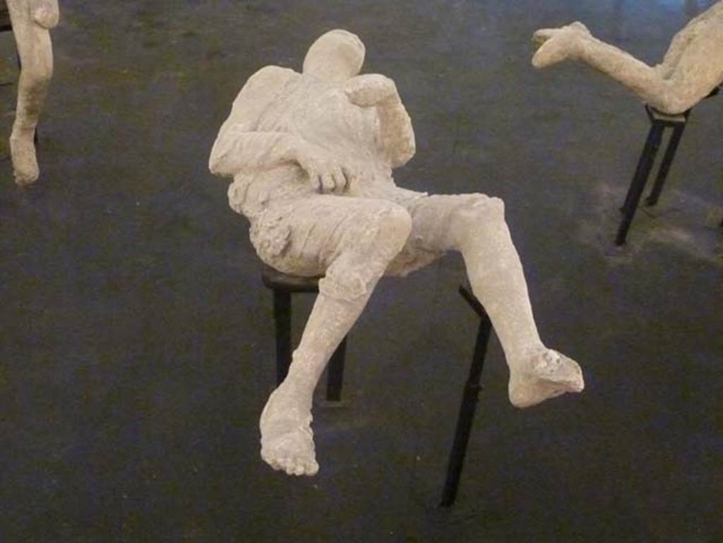 Pompeii, September 2015. Plaster cast of victim 15, found 12th March 1890 outside of the Porta Stabiana.
On display as an exhibit in the Summer 2015 exhibition in the amphitheatre.
According to NdS, 12th March 1890, following the excavation of the agger on the right going out from Porta Stabiana, at a distance of about 72 metres from the Gate, the imprint of a human body was found in the compacted layer of ash. Sig. Salvatore Cozzi directed the operation to cast the plaster-cast.
The reproduction was one of the best and most successful made up until that time.
The cast represented a young slim male, lying on his left side, wrapped in a cloak and with short pants that exposed his legs below the knee.
The sandal he was wearing was clearly seen on his right foot. 
Nothing more could be said of the left leg because this and the hand turned out badly. Height 1.55 metres. 
See Notizie degli Scavi di Antichità, 1890, p. 128.
See Dwyer, E., 2010. Pompeii’s Living Statues. Ann Arbor: University of Michigan Press. (p.107 and fig.48).
Radiographic, DNA and histological examinations have been made.
The victim is a male probably of 18 to 20 years of age.
The imprints of different clothing (a large, heavier long-sleeved tunic over a lighter underwear) can be seen in detail on the entire body of the victim; on the right foot a light sandal with strips probably made of leather fixed by nails is clearly visible.
The victim wore a ring on the right hand.
See Osanna, N., Capurso, A., e Masseroli, S. M., 2021. I Calchi di Pompei da Giuseppe Fiorelli ad oggi: Studi e Ricerche del PAP 46, p. 353, Calco n. 15.