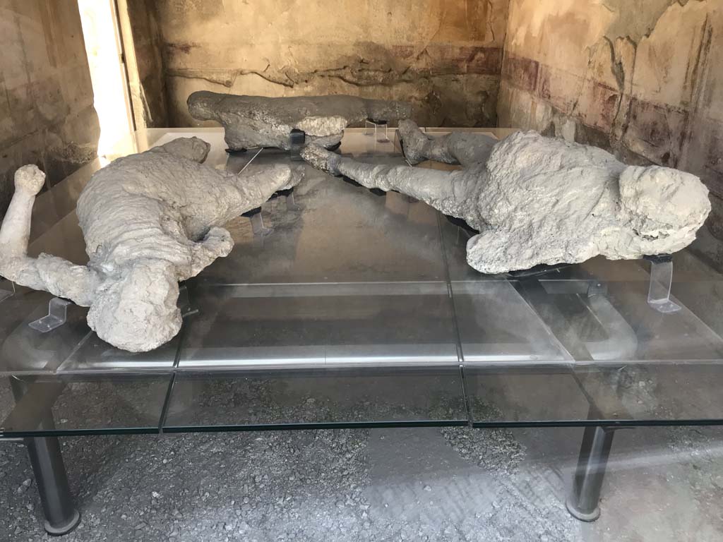 VII.1.47 Pompeii. April 2019.  Victims 1, on right, and victim 4, on left.
Plaster casts on display in triclinium 8, these were found in the Vicolo degli Scheletri, and not in this house.
Photo courtesy of Rick Bauer.