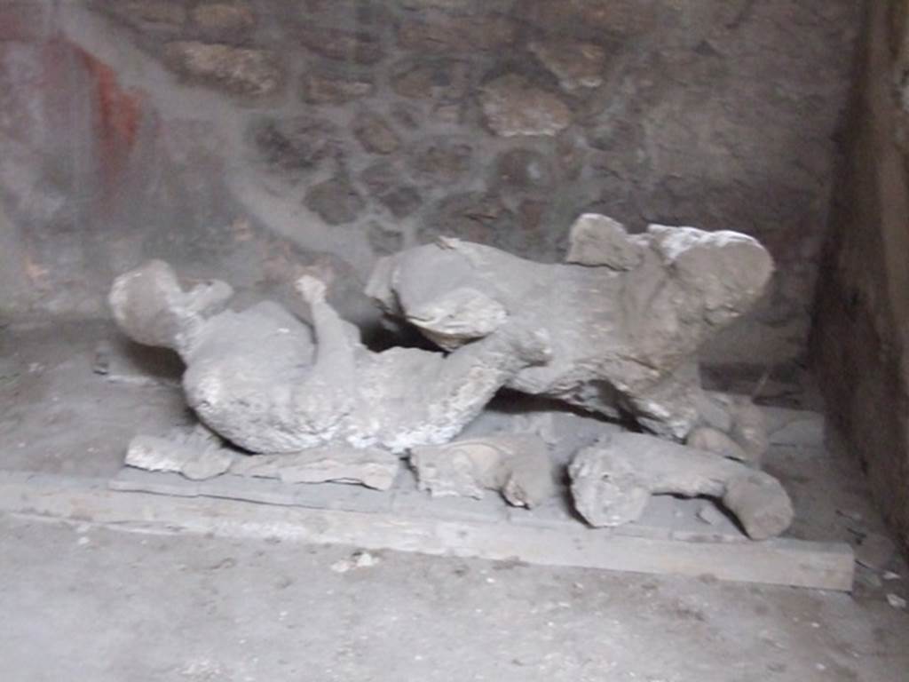 V.3.2 Pompeii. 1902. Possible victim number 1 or 3 in I.8.17 Pompeii. December 2007. Room 10, plaster cast of victim 84 (front).
The find date and location of victim 84 are unknown.
Four hypotheses have been put forward.
1.	This could be the cast from the stair in Marcus Fabius Rufus found in 1961 and now referred to as Calco H.
2.	This could be the cast recorded in the Orto dei Fuggiaschi on the 10th of April 1961.
3.	This could be the victim found on the 24th January1882 in the vicolo delle Pareti Rosse and now referred to as Calco A.
4.	This could be the first of the three casts, with an arm, upper part of the trunk, and the head, or the third almost complete cast, made in 1902 in the taberna V.3.2. This hypothesis should be shared with the cast that was not found (Calco G).
See Osanna, N., Capurso, A., e Masseroli, S. M., 2021. I Calchi di Pompei da Giuseppe Fiorelli ad oggi: Studi e Ricerche del PAP 46, pp. 512-514, Calco n. 84a to 84f.
Paribeni in NdS 1902, records: In fact, on the following 10th June only the cast of an arm with the upper part of the chest and the head emerged from a skeleton; of another, a portion of the trunk, and of a third, the almost complete cast. All these casts, however, due to the void being occupied in many places by lapilli, were very unclear and such that no value could be attributed to them.
See Notizie degli Scavi di Antichità, 1902, p. 379.