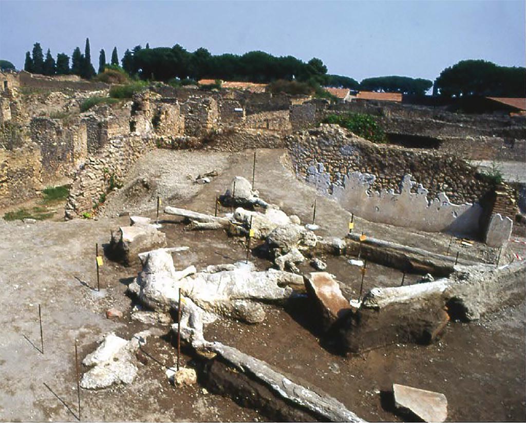 I.22.1 Pompeii. 1989. Plaster casts of victims 70 to 78.
Alla fine di agosto del 1989 fu scoperto, in un settore non precedentemente scavato dell'angolo nord-ovest dell'Insula 22 della Regio I, un gruppo di dieci vittime, nello strato di cenere ad una altezza di circa 2,50 metri dal piano di calpestio antico, di cui si riuscì a farne il calco di nove lasciati in situ con adeguata copertura; anche in questo caso non è da escludersi che il gruppo era legato da vincoli di parentela per la presenza di due bambini e forse di una donna incinta abbracciata ad un uomo (NAPPO 1992, pp. 16-18).
At the end of August 1989 a group of ten victims was discovered in a previously unexcavated sector of the north-west corner of Insula 22 of Regio I, in the ash layer at a height of approximately 2.50 metres from the ancient floor level, of which it was possible to make nine casts, which were left in situ with adequate covering; also in this case it cannot be excluded that the group was linked by family ties due to the presence of two children and perhaps of a pregnant woman hugging a man (NAPPO 1992, pp. 16-18) 
Vedi/See De Carolis E., and Patricelli D., 2018. Impronte Pompeiane. Roma: L'Erma di Bretschneider, p. 105, (fig. 85).