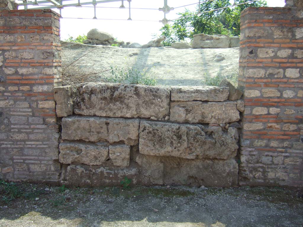 I.22.1 Pompeii. September 2005. Entrance on Via della Palestra with lapilli behind.
According to Nappo, the victims of which the casts were made were in all 9 (10 with the skeleton, possibly of a slave, where it was not possible to make a cast): of these 2 clearly appeared to be infants; of the others, in order to be able to pronounce with scientific certainty about age, sex, any pathologies, it was advisable to wait for the results of laboratory tests. A first impression, perhaps an emotional one, seems to show, for two of them, the image of mutual solidarity in the moments of the drama, and almost an attempt at protection, in vain, by one, a man, towards the other, a woman who seems to be pregnant, who remained embraced at the moment of agony, with the first making a last desperate attempt to protect the other by spreading the flap of his pallium (cloak) over her face.
Another (eleventh) was found in the small street that divides insula 22 and insula 23 of Regio I, also with the same characteristics as the previous ones only it was not possible to make a cast because of the crushing of the of the cavity due to the use of the area previous years: two golden rings with a full one very simple and the other with the other with a smooth bezel, adorned the victim's hand.
The room was probably a wine cellar or in any case intended for the processing of wine, because of the discovery of three large "dolia".
The owner probably had something to do with the name Stabianus since on the facade of the insula a titulus with this name was found and inside the insula similarly the same name was found graffitied.
See Nappo, S. C., 1992. Il rinvenimento delle vittime dell'eruzione del 79 d.C. nella Regio I Insula 22 a Pompei. Hyria, p. 16-18.