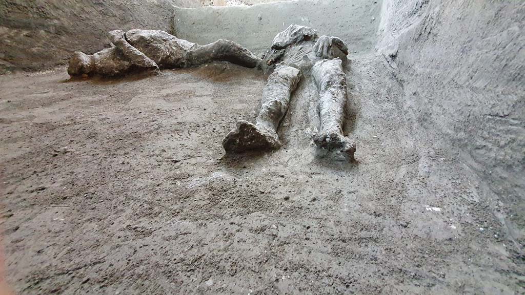 November 2020. The bodies were found in a side room of the cryptoporticus.
The plaster casts have yielded the shapes of the bodies of the two victims, in a supine position, victim 92 (right) and victim 93 (left). 
Both had died suddenly during the so-called second pyroclastic flow, which struck Pompeii and the surrounding area in the early hours of the 25th October, leading to the death of the survivors who were still present in the city and countryside. This second flow was preceded by a brief period of quiet, perhaps half an hour, during which the survivors both at Pompeii and probably at Cività left their dwellings in a vain attempt to save themselves.
The flow that struck was however very fast and very violent, bringing down the first floors of the houses and surprising the victims as they attempted to escape across a few centimetres of ash, leading to their deaths. In this case it is probable that the pyroclastic flow flooded the room through several openings, entombing them in the ash.
Novembre 2020. I corpi sono stati individuati in un vano laterale del criptoportico.
I calchi in gesso hanno prodotto le forme dei corpi delle due vittime, in posizione supina, vittima 92 (a destra) e vittima 93 (a sinistra).. 
Entrambe erano state sorprese dalla morte durante la cosiddetta seconda corrente piroclastica, che nelle prime ore del mattino del 25 ottobre investì Pompei e il territorio circostante portando alla morte dei superstiti ancora presenti in città e nelle campagne. Questa seconda corrente era stata preceduta da una fase di breve quiete, forse di una mezz’ora, durante la quale i sopravvissuti sia a Pompei che probabilmente a Civita, uscirono dalle abitazioni nel vano tentativo di salvarsi.
La corrente che lì investì fu però molto veloce e turbolenta abbatté i primi piani delle abitazioni e sorprese le vittime mentre fuggivano su pochi centimetri di cenere, portandoli alla morte. Nel nostro caso è probabile che la corrente piroclastica abbia invaso l’ambiente da più punti inglobando e seppellendole nella cenere.
Photograph © Parco Archeologico di Pompei.