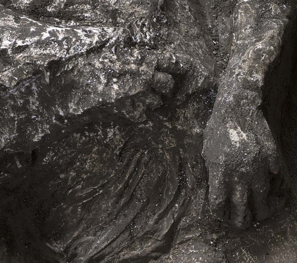November 2020. Victim92. Detail of tunic and hands.
He wore a short tunic, of which the imprint of the drapery is clearly visible on the lower part of the belly, with thick rich folds and traces of heavy fabric, of a consistency which suggests that it was made of wool fibres. 
Novembre 2020. Vittima 92, dettaglio di tunica e mani.
Indossava una tunica corta, di cui è ben visibile l’impronta del panneggio sulla parte bassa del ventre, con ricche e spesse pieghe, la cui consistenza assieme alle tracce di tessuto pesante, fanno ipotizzare che si trattasse di fibre di lana. 
Photograph © Parco Archeologico di Pompei.