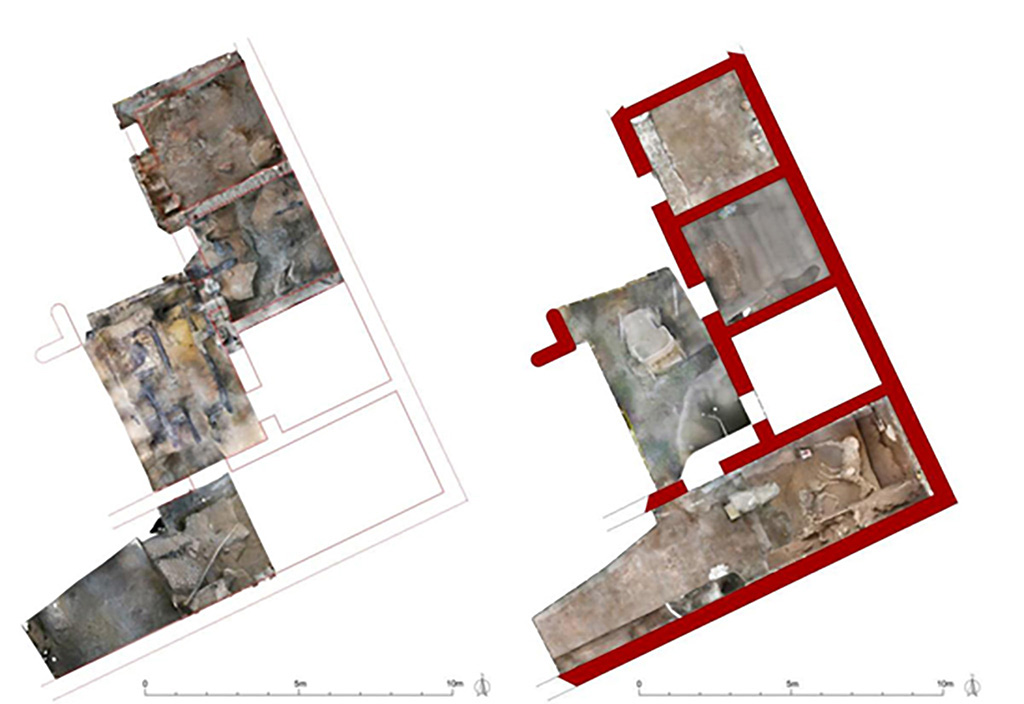 Cività Giuliana. February 2021. With the in situ micro-excavation completed, the various elements of the chariot have been transported to the laboratory of the Archaeological Park of Pompeii, where the restorers are working to complete the removal of volcanic material which still engulfs certain metal elements, and to begin the lengthy restoration and reconstruction of the chariot.
What has emerged has been systematically recorded via careful photographic documentation and through laser scanner surveying.
The chariot was found inside a double-level portico which probably faced onto an uncovered courtyard, not far from the already-investigated stable, to which it was connected by a door. We might recall that in the adjacent stable "e", which had already been investigated, it was possible to create casts not only of the trough, but also of a large horse, which bore a rich bronze harness. In the same room two other horses were discovered, one lying on its right side and the other on its left, of which it was sadly not possible to make a cast as a result of the damage caused by the tunnels of the grave robbers, and subsequent overbuilding of the cavities, which destroyed the context of the discovery. Nevertheless, other bronze harness elements were recovered, relating to a saddle and other parade elements, which can certainly be connected to the newly discovered chariot.
Cività Giuliana. Febbraio 2021. Terminato il microscavo in situ, attualmente i vari elementi del carro sono stati trasportati in laboratorio all’interno del Parco archeologico di Pompei, dove le restauratrici stanno procedendo a completare la rimozione del materiale vulcanico che ancora ingloba alcuni elementi metallici e a iniziare i lunghi lavori di restauro e ricostruzione del carro.
Quanto emerso è stato sistematicamente documentato mediante accurata documentazione fotografica e tramite rilievo con laser scanner 
Il carro è stato ritrovato all’interno di un portico a due livelli che affacciava probabilmente su una corte scoperta, nei pressi della stalla già indagata, con la quale comunicava attraverso una porta. Nella stalla adiacente già indagata "e", ricordiamo che era stato possibile realizzare oltre al calco della mangiatoia, il calco di un cavallo di grande taglia, che presentava ricche bardature in bronzo. Nello stesso ambiente si rinvennero altri due cavalli, uno riverso sul fianco destro e uno sul fianco sinistro, di cui non è stato possibile realizzare il calco, a causa dei danni causati dai tunnel dei tombaroli e alla conseguente cementificazione delle cavità, che ne avevano distrutto il contesto di ritrovamento. Sono state tuttavia rinvenute altre bardature in bronzo, pertinenti ad una sella e altri elementi da parata, di sicura correlazione con il carro rinvenuto.
Photograph © Parco Archeologico di Pompei.