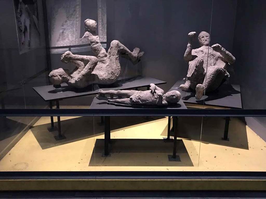 VI.17.42 Pompeii. Victims 50 to 53. April 2019. Plaster-casts of a suggested family group of four. On display in Antiquarium.
Photo courtesy of Rick Bauer.